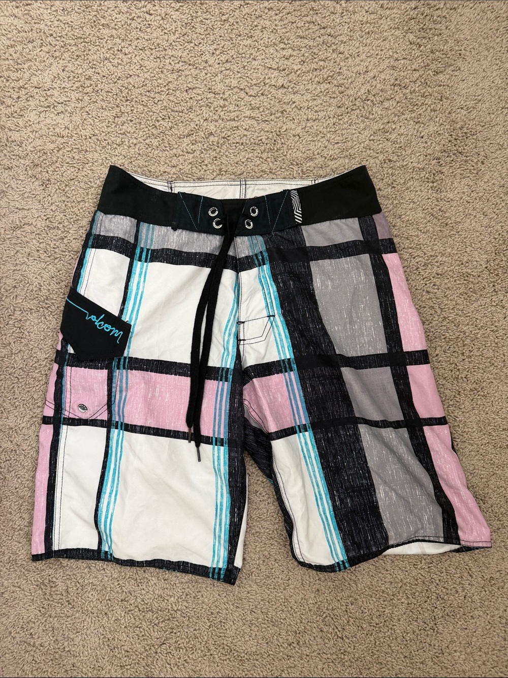 Volcom Men's Plaid Swim Trunks - Black/White/Pink with Turquoise Accents